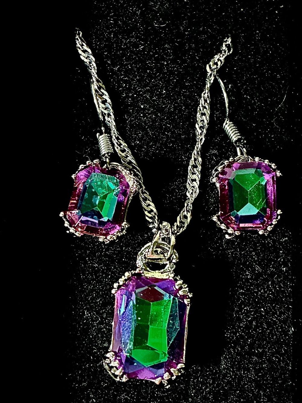 Silver-Tone Green & Purple Crystal Pendant Necklace and Earrings Set